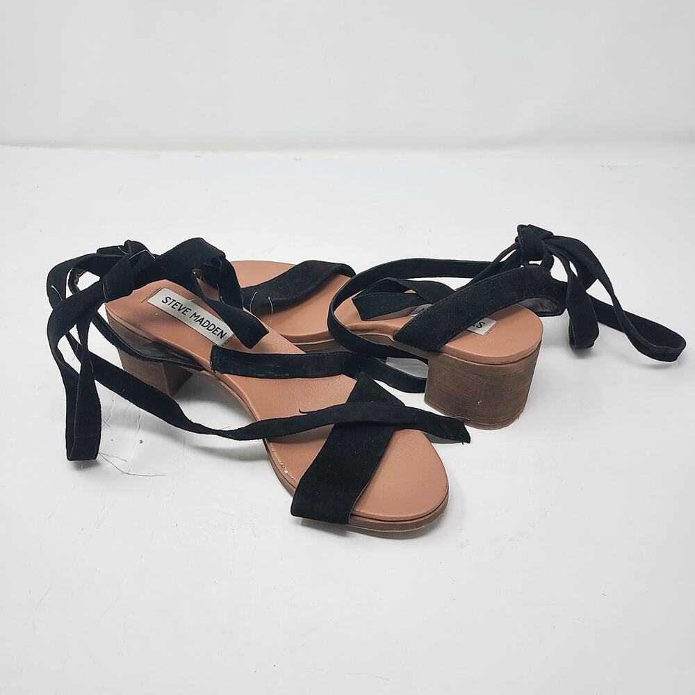 Steve Madden Black Ankle Tie Block Heel Peep Toe 'Adrienne' Sandals Size 5.5